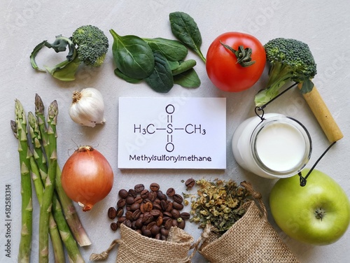 Foods high in methylsulfonylmethane with chemical structural formula of MSM (dimethyl sulfone). Foods that naturally contain sulfur or MSM. Natural sources of methylsulfonylmethane. photo