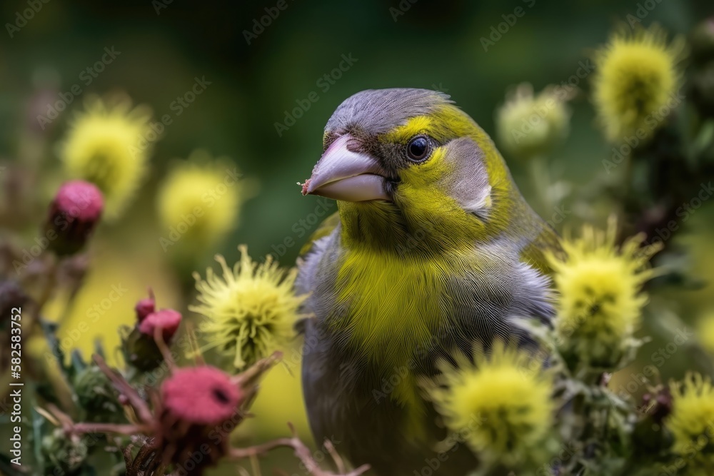 Greenfinch at Seaton Wetlands, Devon, eating wild thistle flowers. Generative AI