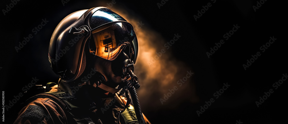 Pilot Wearing Mask And Helmet on black background with copy space