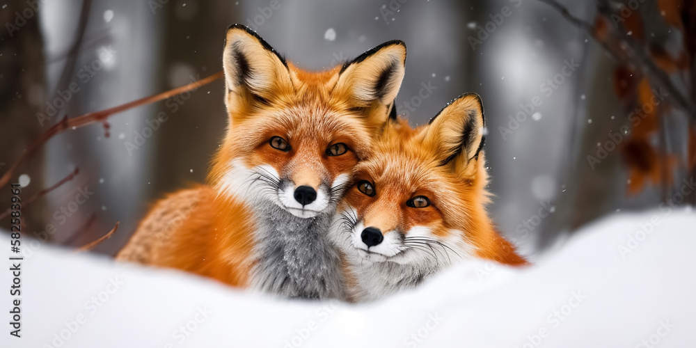 Fototapeta premium A Cute foxes on the snow during winter season. digital art