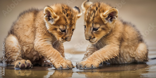 cute lion cubes playing. animal wildlife. digital art