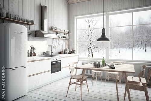 Modern Scandinavian kitchen and dining room Generative AI