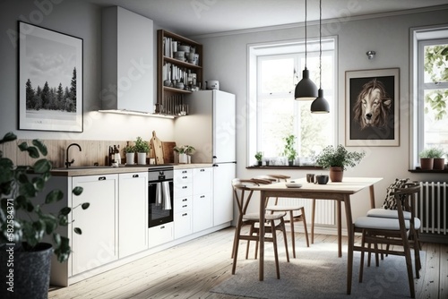 Modern Scandinavian kitchen and dining room Generative AI © ChaoticMind