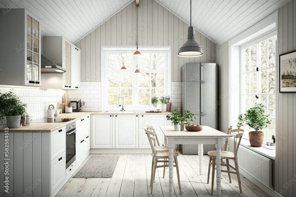 Fototapeta premium Modern Scandinavian kitchen and dining room Generative AI