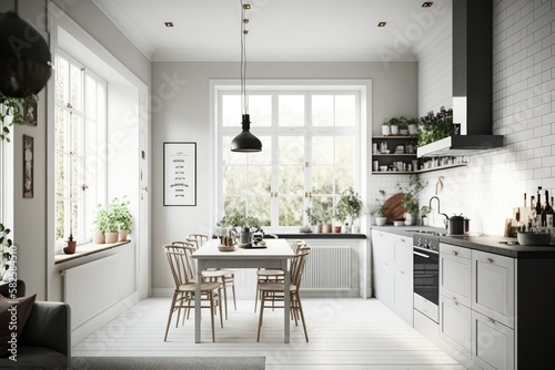 Modern Scandinavian kitchen and dining room Generative AI © ChaoticMind