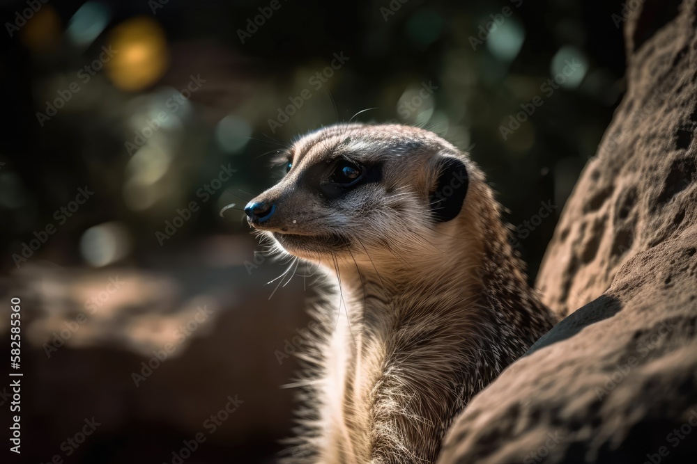 Fototapeta premium a meerkat on a rock in selective focus. Generative AI