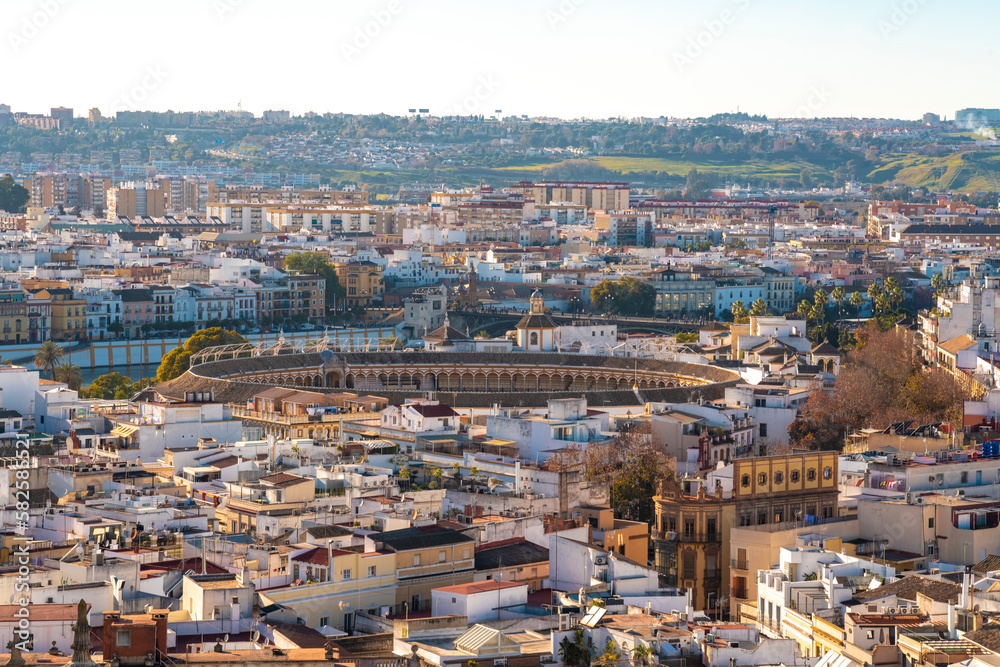 View of old quarter in Seville with the bull fighting arena or court seen in the middle