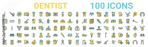 colorful set of dentist line icons. colored glyph vector icons such as dental needle,dentist tools,dental filling,apicoectomy,dental house,dentist mirror,dentist scissors,sick boy. vector