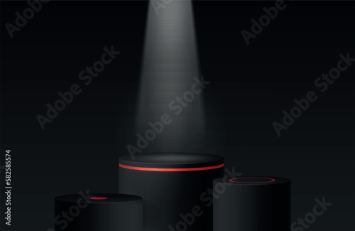 Stage podium scene for award ceremony on black background realistic 3D vector illustration. Pedestal mock up