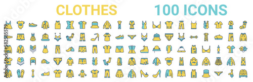 colorful set of clothes line icons. colored glyph vector icons such as baby clothes,belt,knickers,sweatshirt,cor,t shirt,dinner jacket,fleece. vector illustration