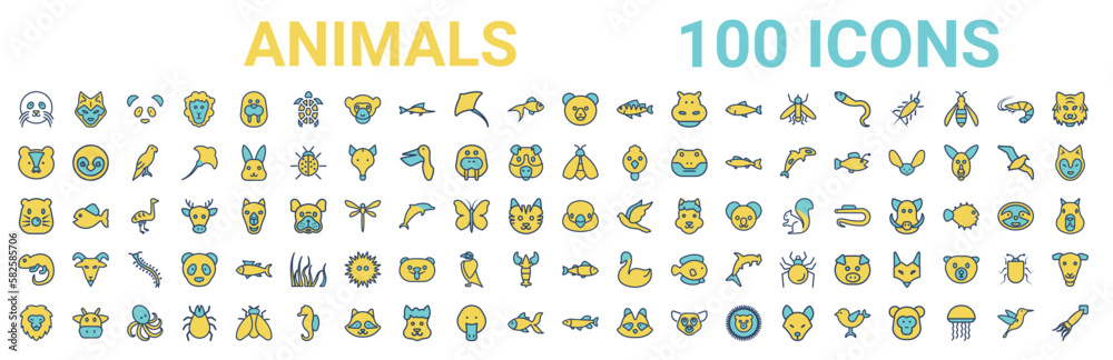 colorful set of animals line icons. colored glyph vector icons such as wolf,skunk,bee,mole,snigir,chameleon,clown fish,pike. vector illustration