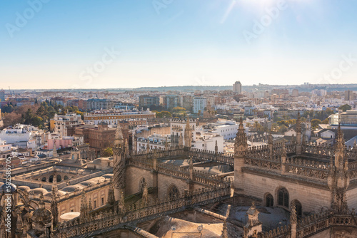 Details of the Cathedral and the chapel of Seville from the rooftop of the church with the historic cityscape in the background © TambolyPhotodesign