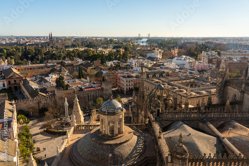 View of Royal Alc  zar of Seville from the top of the Cathedral of Seville