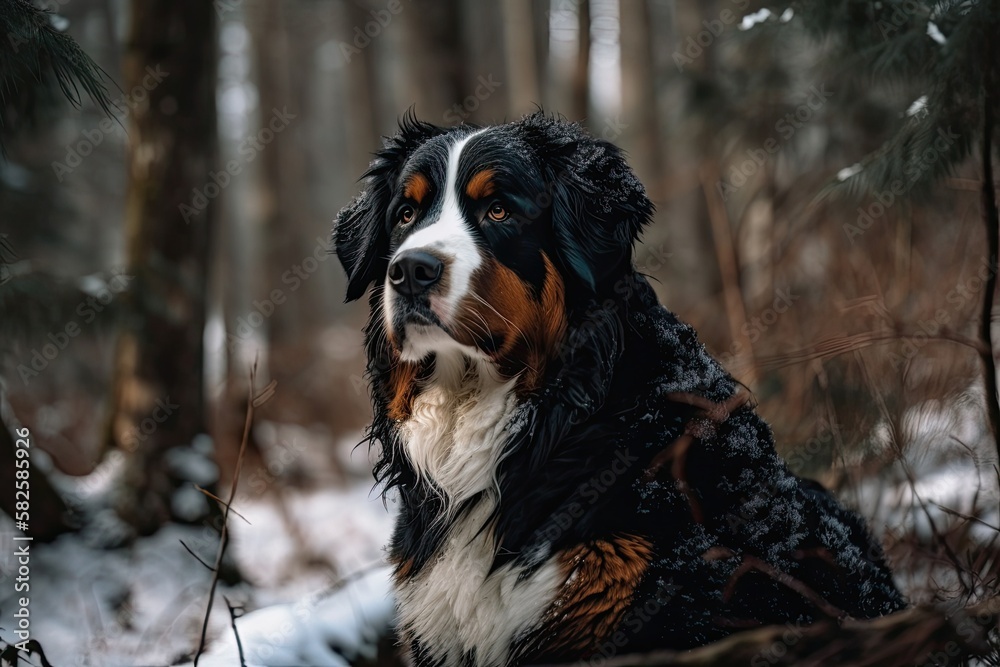 Bernese mountain dog in the winter woods. Generative AI