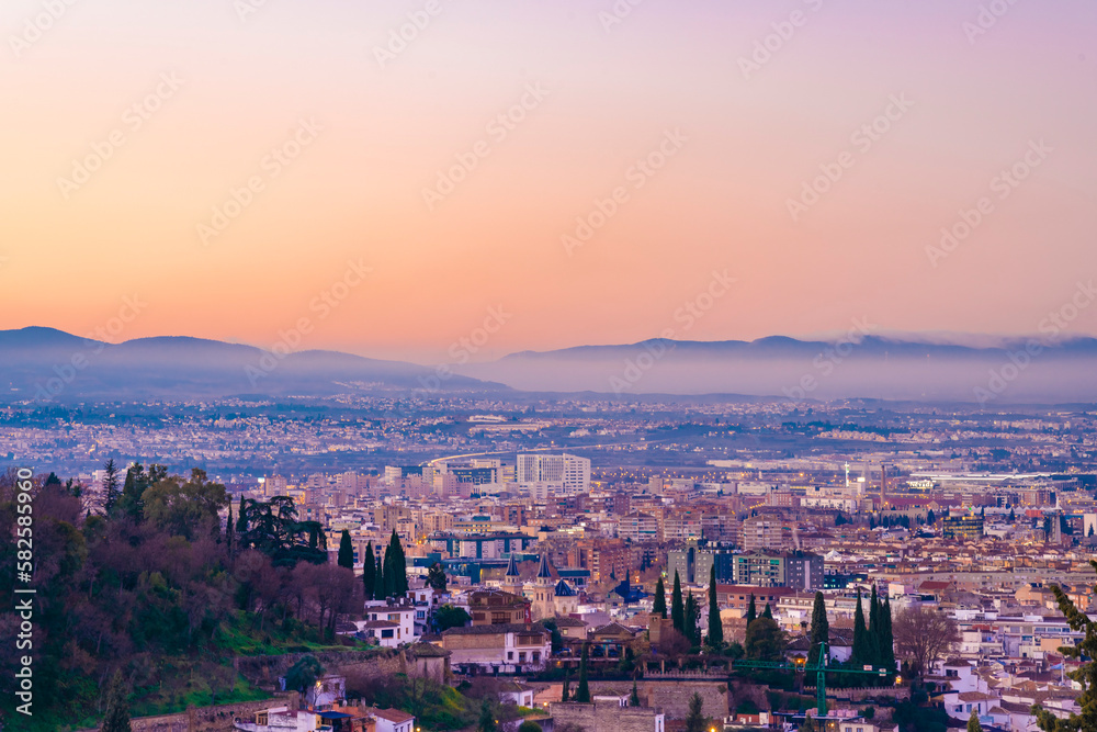 View of City of Granada by the sunrise from Albaicin