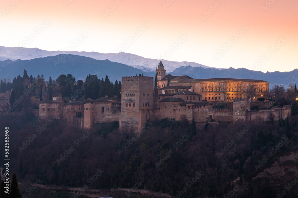 View of alhambra by sunrise from Albaicin area