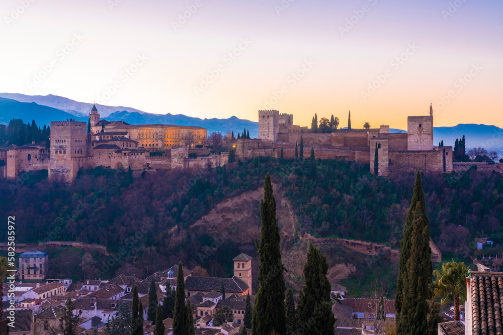 View of alhambra by sunrise from Albaicin area