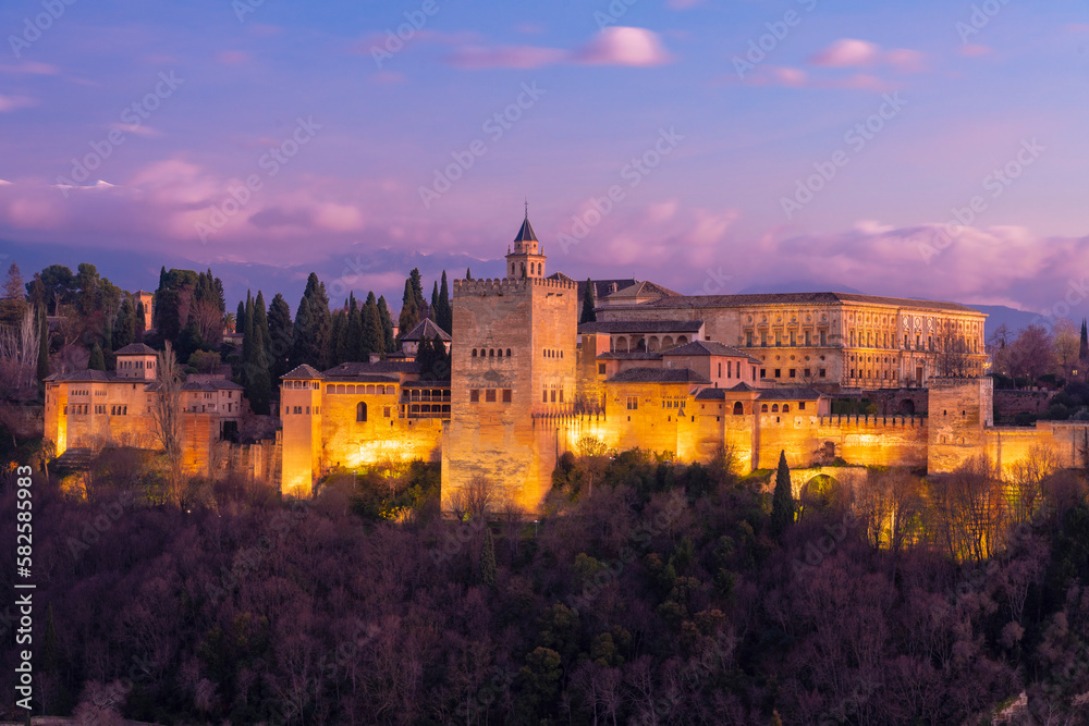 View of alhambra with mountain sierra Nevada on the background by sunset