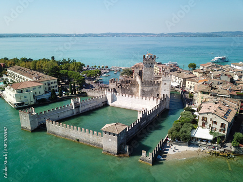 Scallgero Castle Aerial shots Sirmione Lake Garda Italy.