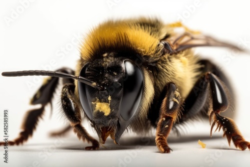 Close up of a dead bumble bee on its back with its tongue out in a light box against a white background. Generative AI © AkuAku