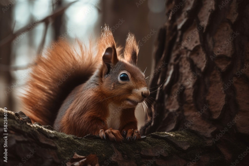 Obraz premium squirrel on a tree picture close up. Generative AI