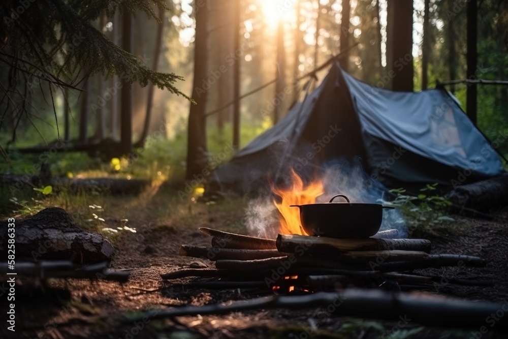 A tent in the forest in the summer by a fire with a pot from which steam comes from food. AI generated. A tent in the forest in the summer by a fire with a pot from which steam comes from food. AI generated.