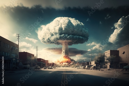 Nuclear, atomic explosion in the city, mass murder. War catastrophe, deadly aggression. AI generated.