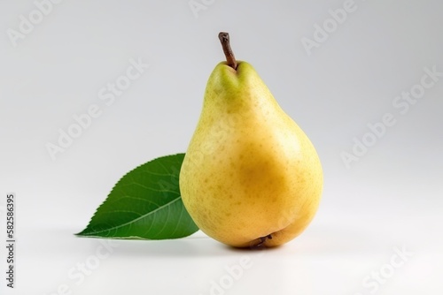 Ripe pear with a leaf, isolate on a white background. Macro studio shot. AI generated.