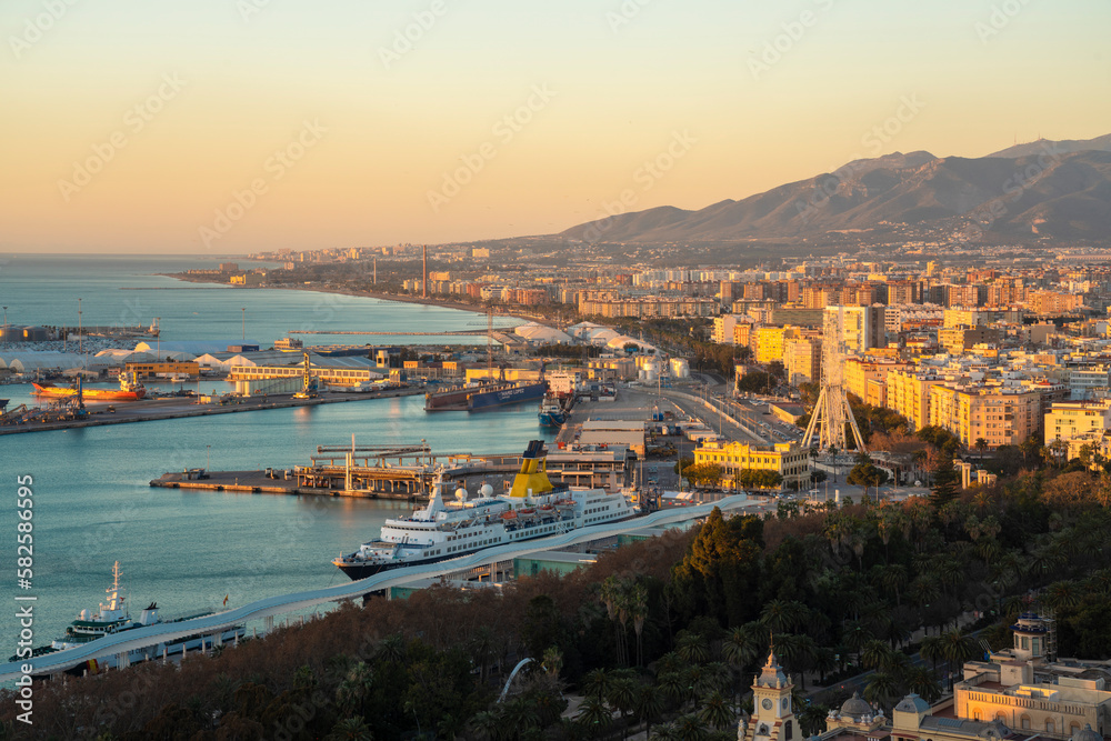 Malaga view from Alcazaba   with the harbor of Malaga by the sunrise