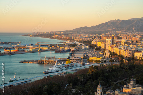 Malaga view from Alcazaba with the harbor of Malaga by the sunrise