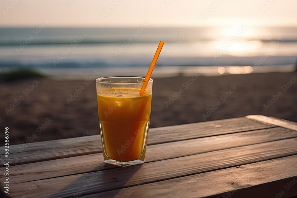 Glass of orange juice on the beach, created with AI generative technologie Glass of orange juice on the beach, created with AI generative technologie