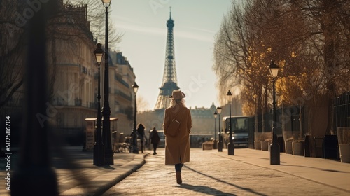 People in the streets of Paris - scene with Eiffel Tower