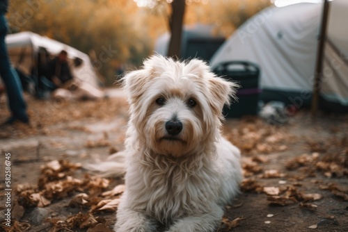 a fluffy white dog in a campground (Savona, Italy). Generative AI