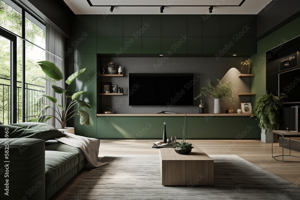 A cozy and luxurious green living room with a modern touch, featuring a