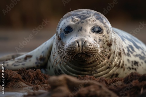 During low tide, a common seal (Phoca vitulina) is seen resting on a sandy shore. Generative AI