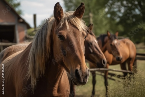 Grazing horses close to the stable. Generative AI