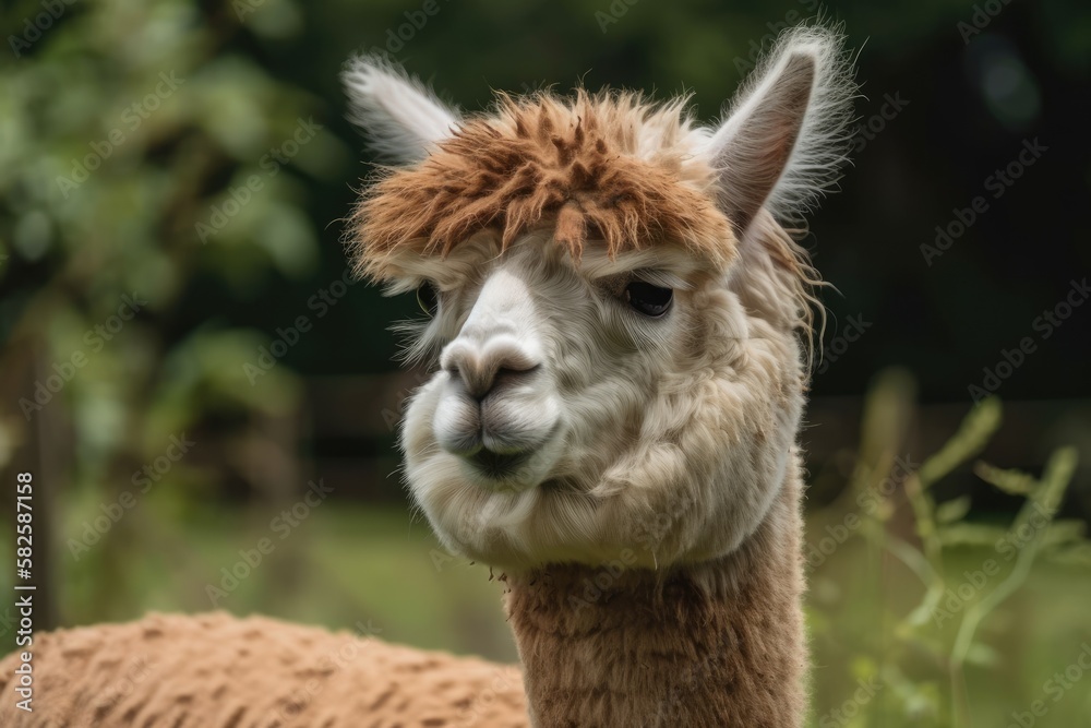 A view of a brown and white alpaca with fur. Generative AI