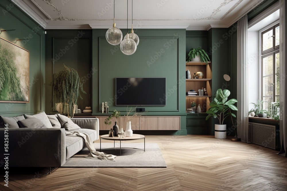 A cozy and luxurious green living room with a modern touch, featuring a  green TV cabinet with a built-in fireplace and contemporary furniture.  generative ai Stock Illustration