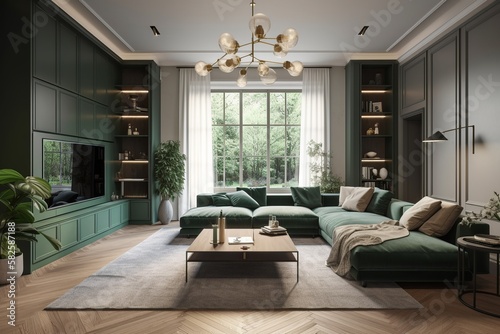 A cozy and luxurious green living room with a modern touch, featuring a green TV cabinet with a built-in fireplace and contemporary furniture. generative ai photo