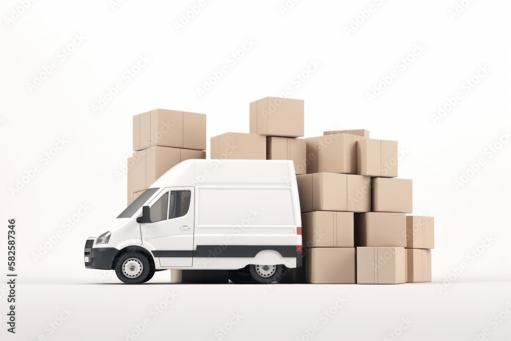 A white delivery van, with cardboard boxes, on a white background, generative AI A white delivery van, with cardboard boxes, on a white background, generative AI