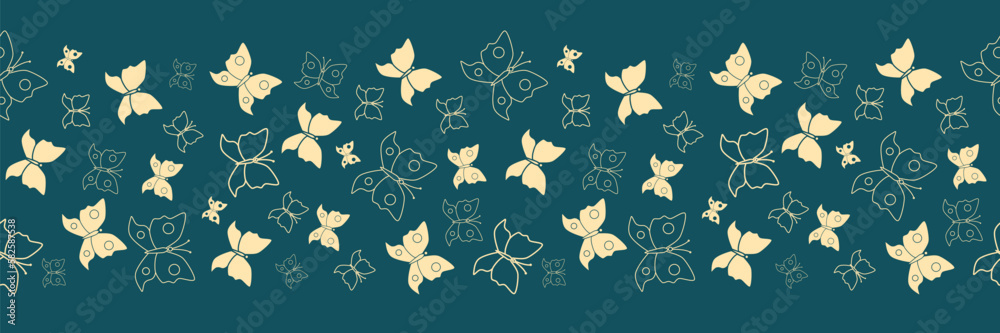 Fototapeta premium Butterfly seamless border with dark turquoise background. Beautiful border for greeting card, gift ribbon, fabric, cover, interior design or other using. Vector illustration. 