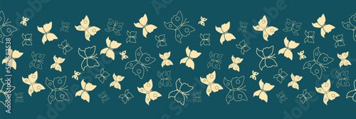 Butterfly seamless border with dark turquoise background. Beautiful border for greeting card, gift ribbon, fabric, cover, interior design or other using. Vector illustration.  © SVETLANA