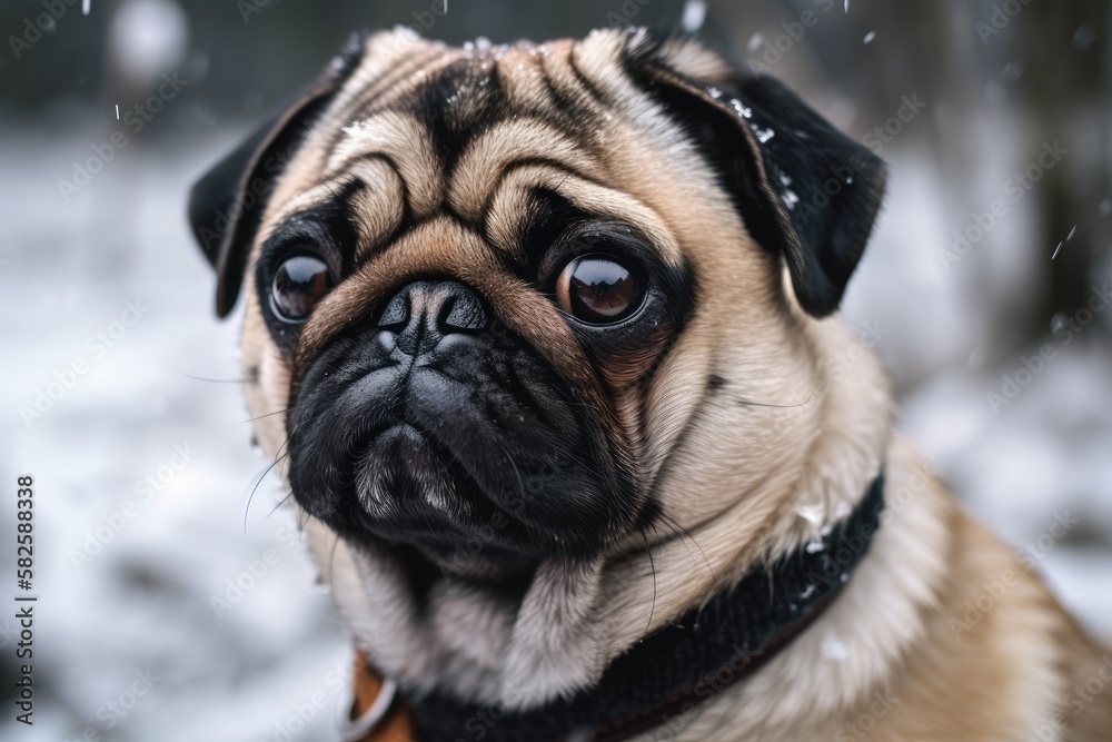 In a winter environment, a pug dog stands in the snow. Generative AI In a winter environment, a pug dog stands in the snow. Generative AI