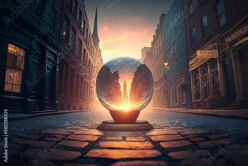 Europe's Historic Cityscape Alit with Glowing Orb: A Cinematic, Low Perspective View of Dusk-Lit Streets, Bold Architecture and 19th Century Charm, Generative AI photo