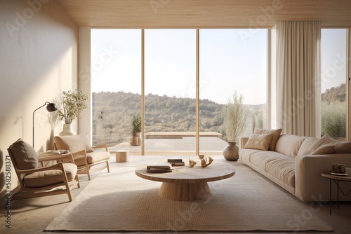 A tranquil and sophisticated modern living room with light colors, a French window with a countryside view, and natural wood accents. generative ai photo