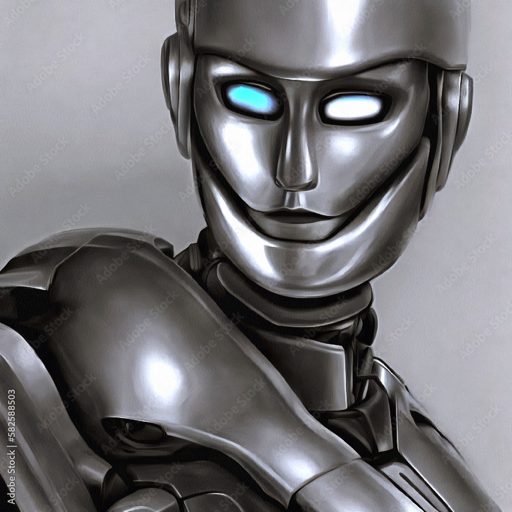 Illustration of futuristic fantastic android robot portrait painting on paper canvas. Generative AI Illustration of futuristic fantastic android robot portrait painting on paper canvas. Generative AI