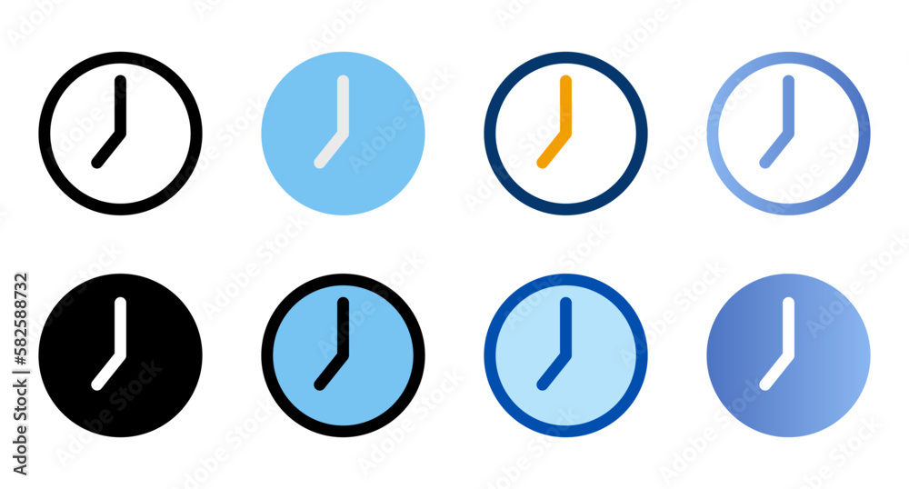 Clock icons in different style. Clock icons. Different style icons set. Vector illustration Clock icons in different style. Clock icons. Different style icons set. Vector illustration