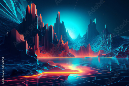 Abstract landscape concept. Light glowing on dark scene. Beyond generation and futuristic of Sci-Fi. Wallpaper. Background. Virtual Reality. Generative AI