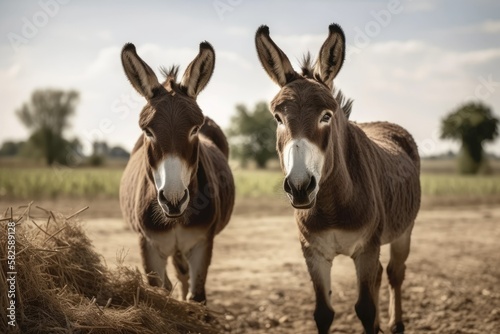 A field with two donkeys on a beautiful day. Generative AI Fototapet