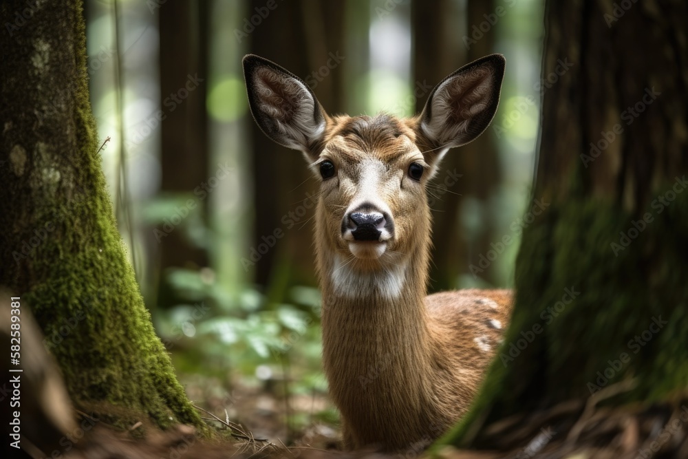 Fototapeta premium Gorgeous deer with large horns a young deer alone. Generative AI